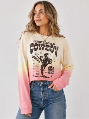 Zutter American Cowboy Ombre Graphic Cropped Long Sleeve Tee Pink Western